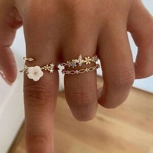 3 pcs Rhinestone Flower Ring Set Golden